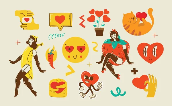 Groovy Hippie Love Sticker Set Joyeuse Saint Valentin Rétro Caractère — Image vectorielle