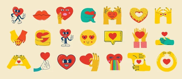 可爱的嬉皮士喜欢贴纸套装 复古的情人节快乐 喜剧快乐的心字符在流行复古60年代70年代的卡通风格 复古字符和元素集 — 图库矢量图片