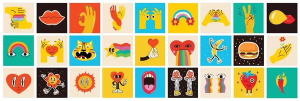70S Groovy Square Posters Cards Stickers Retro Print Hippie Cute — 图库矢量图片
