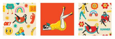 Meyve kostümlü güzel retro kızlar. Modaya uygun, eski moda, hoş bir bayan. Reklam için sıcak yaz konsepti. Pop sanat retro tarzında vektör renkli arkaplan.