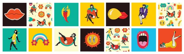 70S Groovy Square Posters Cards Stickers Retro Print Hippie Cute — Image vectorielle