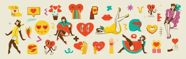可爱的嬉皮士喜欢贴纸套装 复古的情人节快乐 喜剧快乐的心字符在流行复古60年代70年代的卡通风格 复古字符和元素集 — 图库矢量图片