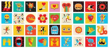 70s groovy square posters, cards or stickers. Retro print with hippie cute colorful geometric shapes, funky character concepts of crazy geometric, dripping emoticon. Only good vibes sentence concept