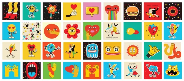 70S Groovy Square Posters Cards Stickers Retro Print Hippie Cute — 스톡 벡터