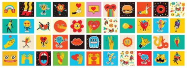 70s groovy square posters, cards or stickers. Retro print with hippie cute colorful geometric shapes, funky character concepts of crazy geometric, dripping emoticon. Only good vibes sentence concept