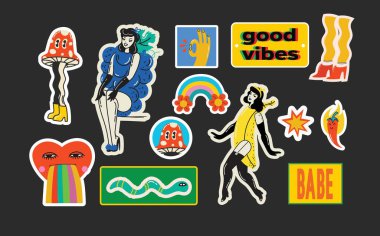 Havalı hippi aşk çıkartması karakteri. Komik mutlu retro kızlar, geometrik çıkartmalar, 70 'lerin modası geçmiş 70' lerin çizgi filmlerindeki karakterler. Vintage izole vektör çizimleri.