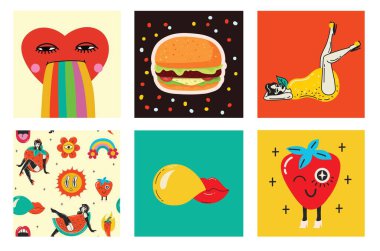 70s groovy square posters, cards or stickers. Retro print with hippie cute colorful geometric shapes, funky character concepts of crazy geometric, dripping emoticon. Only good vibes sentence concept