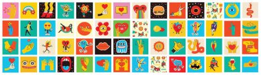 70s groovy square posters, cards or stickers. Retro print with hippie cute colorful geometric shapes, funky character concepts of crazy geometric, dripping emoticon. Only good vibes sentence concept