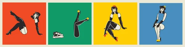 Wow Ilustraciones Arte Pop Sexy Joven Groovy Mujeres Retro Fondo — Vector de stock