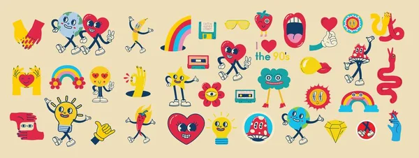Super Hippie Love Sticker Set Retro Šťastný Valentýn Komické Šťastný — Stockový vektor
