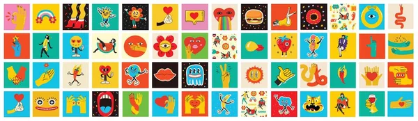 70S Groovy Square Posters Cards Stickers Retro Print Hippie Cute — Stockvector