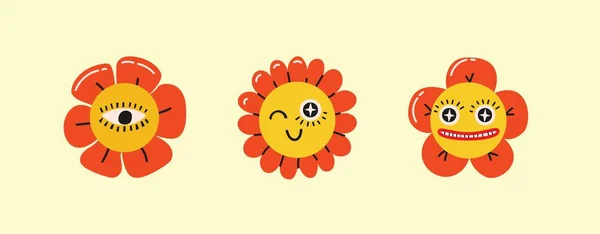 Groovy Blume Zeichentrickfiguren Lustige Glückliche Gänseblümchen Mit Augen Und Lächeln — Stockvektor