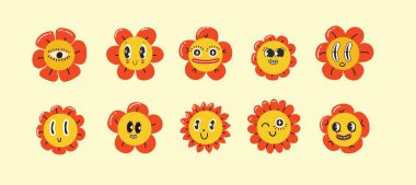 Harika çiçek çizgi film karakterleri. Gözleri ve gülümsemesiyle komik, mutlu bir papatya. Moda modası geçmiş trip tarzında çıkartma paketi. İzole vektör çizimi. Hippi çizimleri 60 'lar, 70' ler tarzı.