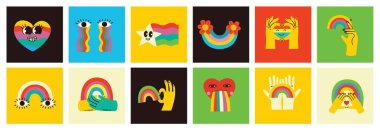 Gurur LGBTQ simgesi seti, gökkuşağı renklerinde LGBTQ ile ilgili semboller: Gurur Bayrağı, Kalp, Barış, Gökkuşağı, Aşk, Destek, Özgürlük Sembolleri. Gay Gurur Ayı. Düz dizayn işaretleri beyaz arkaplanda izole edildi