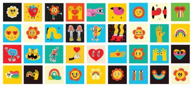 70s groovy square posters, cards or stickers. Retro print with hippie cute colorful geometric shapes, funky character concepts of crazy geometric, dripping emoticon. Only good vibes sentence concept