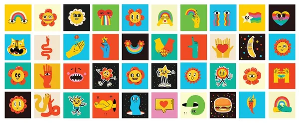 70S Groovy Square Posters Cards Stickers Retro Print Hippie Cute — Vector de stock