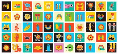 Havalı hippi aşk çıkartması seti. Eski sevgililer günün kutlu olsun. 70 'lerin modası geçmiş çizgi film tarzında komik, mutlu bir kalp karakteri. Retro karakterler ve ögeler ayarlandı