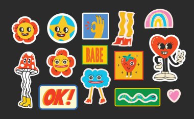 Havalı hippi aşk çıkartması karakteri. Komik mutlu retro çiçekler, geometrik çıkartmalar, 70 'lerin modası geçmiş 60' ların çizgi filmlerindeki karakterler. Vintage izole vektör çizimleri.