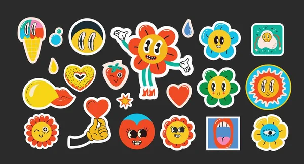 Крутой Хиппи Обожает Наклейки Comic Happy Retro Flowers Geometric Stikers — стоковый вектор