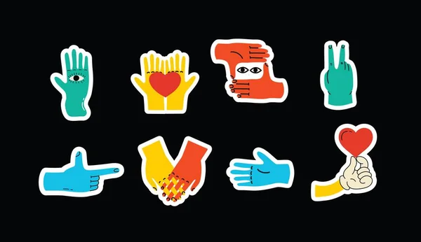 Groovy Hippie Stickers Set Colorful Hands Different Gestures Hands Heart — Stock Vector