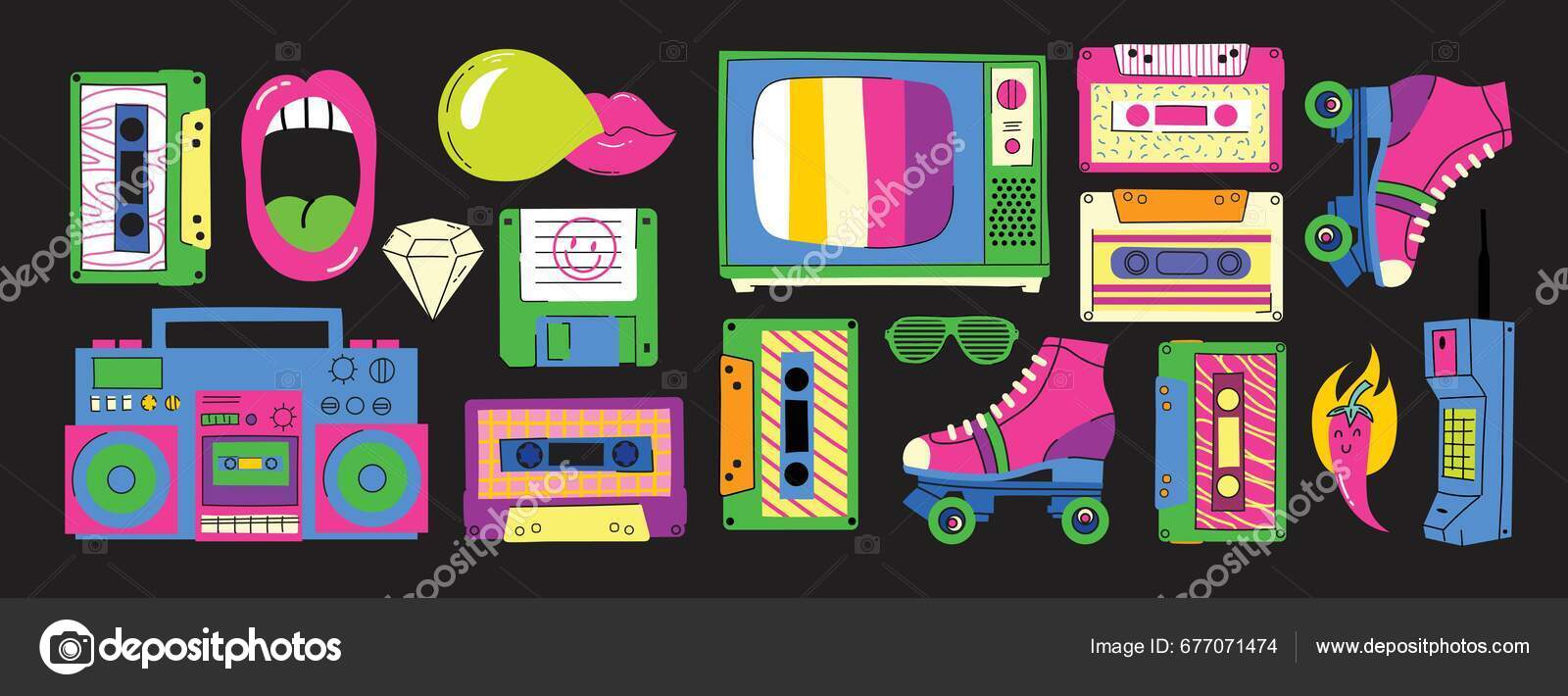 90s Stickers Pack. Set Of Trendy Retro Elements. Bright Vector