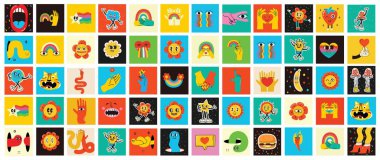 Havalı Sevgililer Günü çıkartması seti. Retro karikatür tarzı sevgililer günü. 70 'lerin estetiği izole edilmiş elementler. Klasik vektör illüstrasyon seti