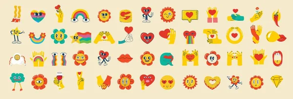 Trendy Groovy Valentines Set Stiker Hari Hari Gaya Kartun Retro - Stok Vektor