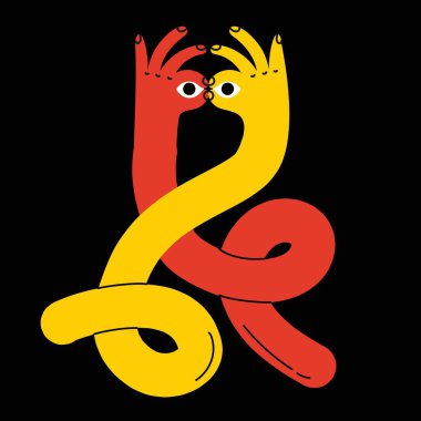 Çizgi film elleri soyut çizgi roman çizer. El renkleri farklı işaretler ve semboller. Çizim stili çıkartmalar. Retro Y2K. Vektör illüstrasyonu