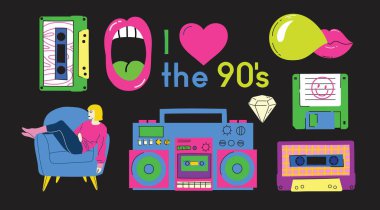 90 'ların büyük çıkartma seti. Retro pc ögeleri, kullanıcı arayüzü, kamera, çocukluk, bant, oyun 90 simgeleri son moda y2k retro tarzı. 1990 'lar - 2000' ler vektör çizimleri için nostalji