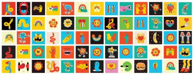 Havalı Sevgililer Günü çıkartması seti. Retro karikatür tarzı sevgililer günü. 70 'lerin estetiği izole edilmiş elementler. Klasik vektör illüstrasyon seti