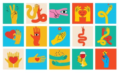 Çizgi film elleri soyut çizgi roman çizer. El 'in çok renkli tabelaları ve sembolleri var. Çizim stili çıkartmalar. Retro Y2K. Vektör illüstrasyonu