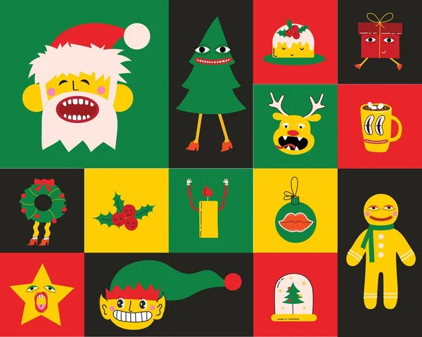 Modne Karteczki Świąteczne Kolekcja Świąteczne Dekoracje Prezenty Koty Drzewa Prezenty — Wektor stockowy