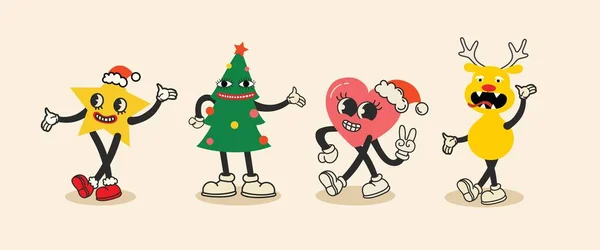 Groovy Hippie Christmas Stickers Santa Claus Christmas Tree Deer Heart — Stock Vector