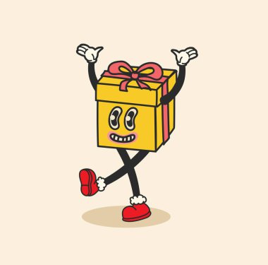 Noel hediye kutusunun havalı hippi çıkartması, modaya uygun ve parlak, modaya uygun eski çizgi film tarzında. Mutlu Noeller ve mutlu yıllar illüstrasyonları