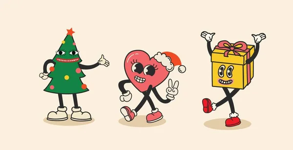 Groovy Hippie Christmas Stickers Santa Claus Christmas Tree Deer Heart — Stock Vector