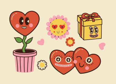 Eski sevgililer günün kutlu olsun. 70 'lerin modası geçmiş çizgi film tarzında komik, mutlu bir kalp karakteri. Retro karakterler, simgeler ve elementler. Havalı hippi aşk çıkartması seti.