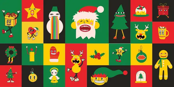 Groovy Hippie Christmas Cards Santa Claus Christmas Tree Gifts Rainbow — Stock Vector