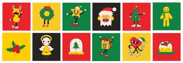 Groovy Trendy Christmas Cards Santa Claus Christmas Tree Gifts Rainbow — Stock Vector