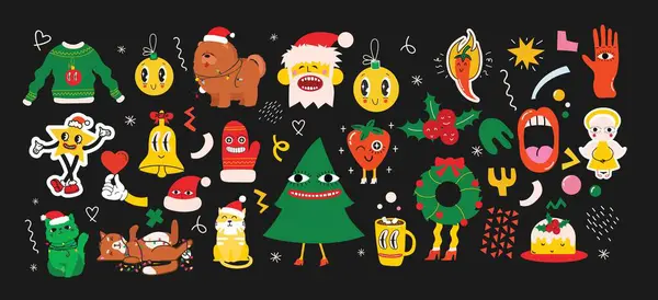 Groovy Hippie Christmas Stickers Santa Claus Christmas Tree Gifts Rainbow — Stock Vector
