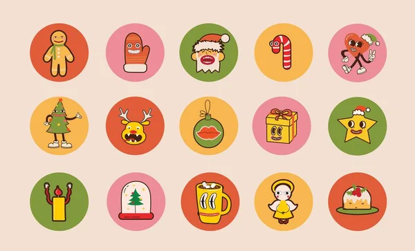 Groovy Hippie Christmas Icons Santa Claus Christmas Tree Gifts Rainbow — Stock Vector