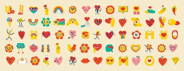 Groovy Hippie Set Stiker Cinta Karakter Kartun Hati Yang Lucu - Stok Vektor