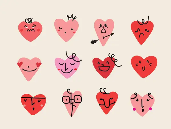 Groovy Hippie Set Stiker Cinta Jantung Kartun Lucu Karakter Pose - Stok Vektor