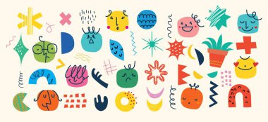 Soyut retro geometrik karalama kümesi vektörü şekillendirir. Çağdaş Vektör illüstrasyonları ve tasarım elemanları koleksiyonu afiş, baskı, çıkartma, iğne, çizgi film 80 'ler-90' lardaki gibi yamalar için mükemmeldir.