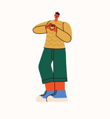 Mutlu olumlu adam elleriyle, parmaklarıyla hareket ediyor. Aşk, destek, dayanışma, tamam ifadeler. Düz grafik vektör çizimi arkaplanda izole edildi