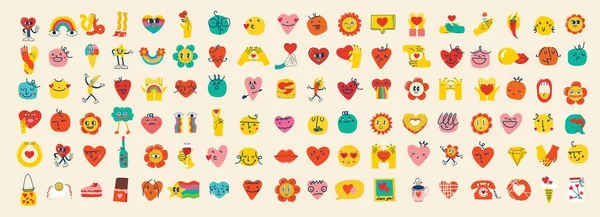 Groovy Hippie Set Stiker Cinta Jantung Kartun Lucu Karakter Pose - Stok Vektor