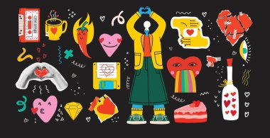 Arka planda Sevgililer Günü için çağdaş punk grunge tarzında yarım ton kolajı olan çıkartmalar var. Geçmişe dönük eğlenceli rozetler. Kalplerin, dudakların, hediyelerin ve diğer şeylerin vektör resimleri