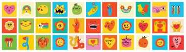 70s groovy square posters, cards or stickers. Retro print with hippie cute colorful geometric shapes, funky character concepts of crazy geometric, dripping emoticon. Only good vibes sentence concept