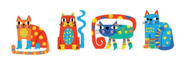 Dekoratif soyut çizimler, renkli karalamalar sevimli kediler, el çizimi, soyut elementler, geometrik şekiller, kağıt kesiği elementler.