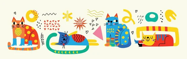 Ilustrasi Abstrak Dekoratif Dengan Corat Coret Berwarna Kucing Lucu Ilustrasi - Stok Vektor