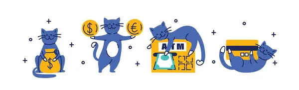 Set Kucing Dengan Uang Dan Benda Benda Yang Berhubungan Dengan - Stok Vektor